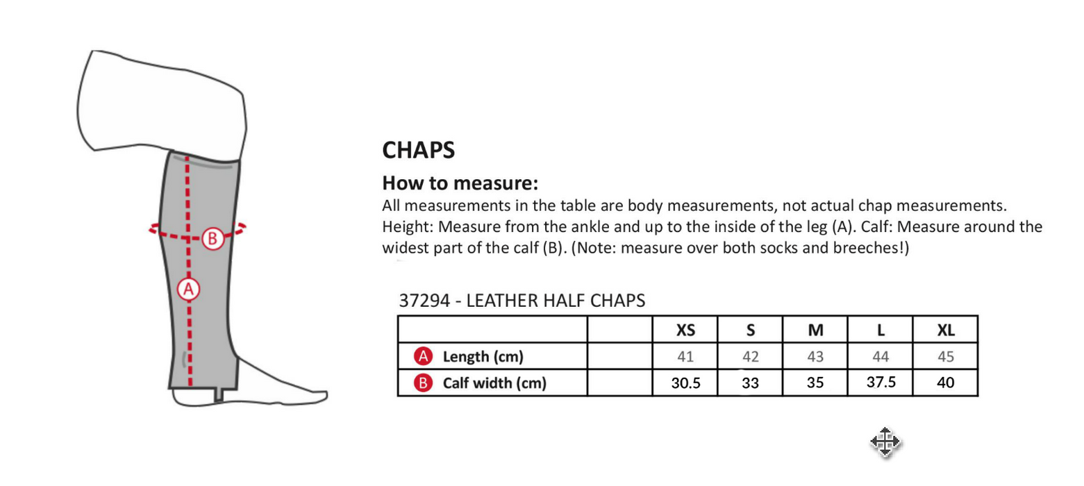 Photo of Horze Leather Half Chaps Sizing Chart