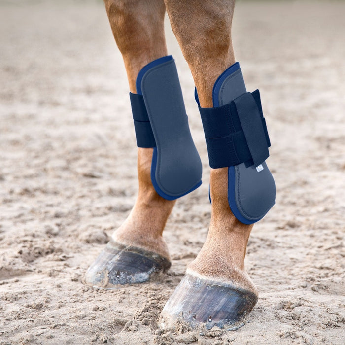 Photo of Horze Tendon Boots shown on horse in Navy Blue.